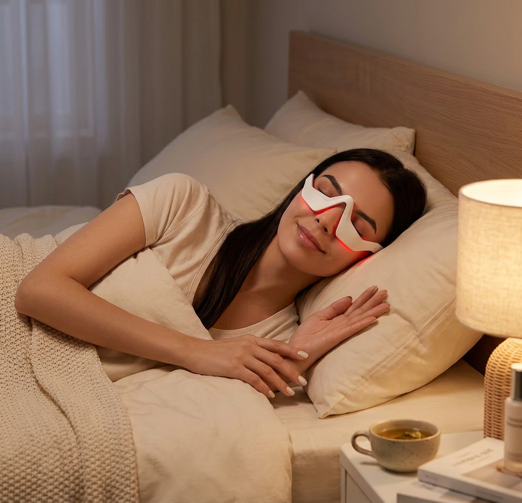 Femme détendue au lit portant le masseur oculaire LED Satilune à lumière rouge
